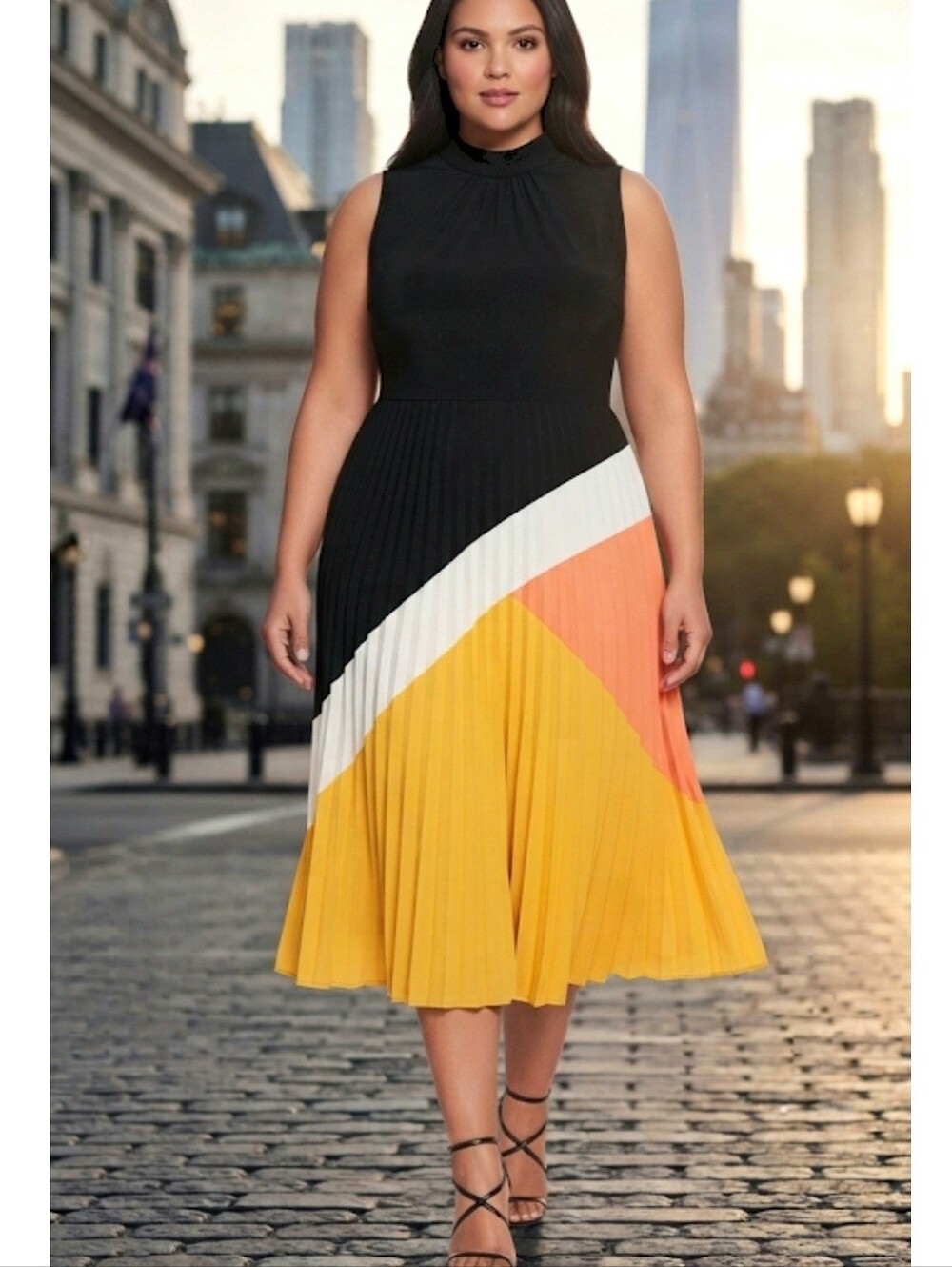 Sleeveless Colorblock Pleated Midi Dress Black White Orange Yellow Size 16